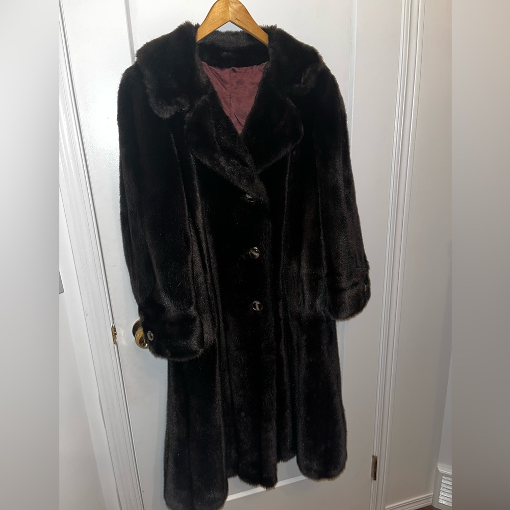 Vintage Black Faux Fur Sterling Stall Coat (L) Union Tag Buttons 45” Long